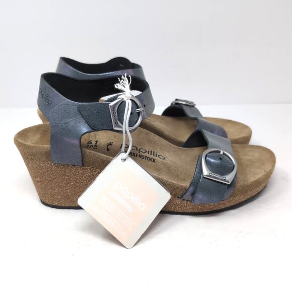 Papillio by Birkenstock Soley Wedge Sandals 10 A/B Metallic Silver/Blue NWT NWOB - Picture 1 of 16